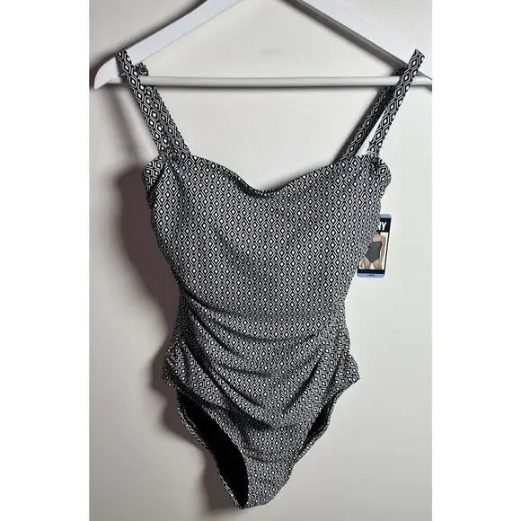 DKNY Women's Black & White Geometric Print Adjustable Strap One Piece Swimsuit L - Picture 4 of 13